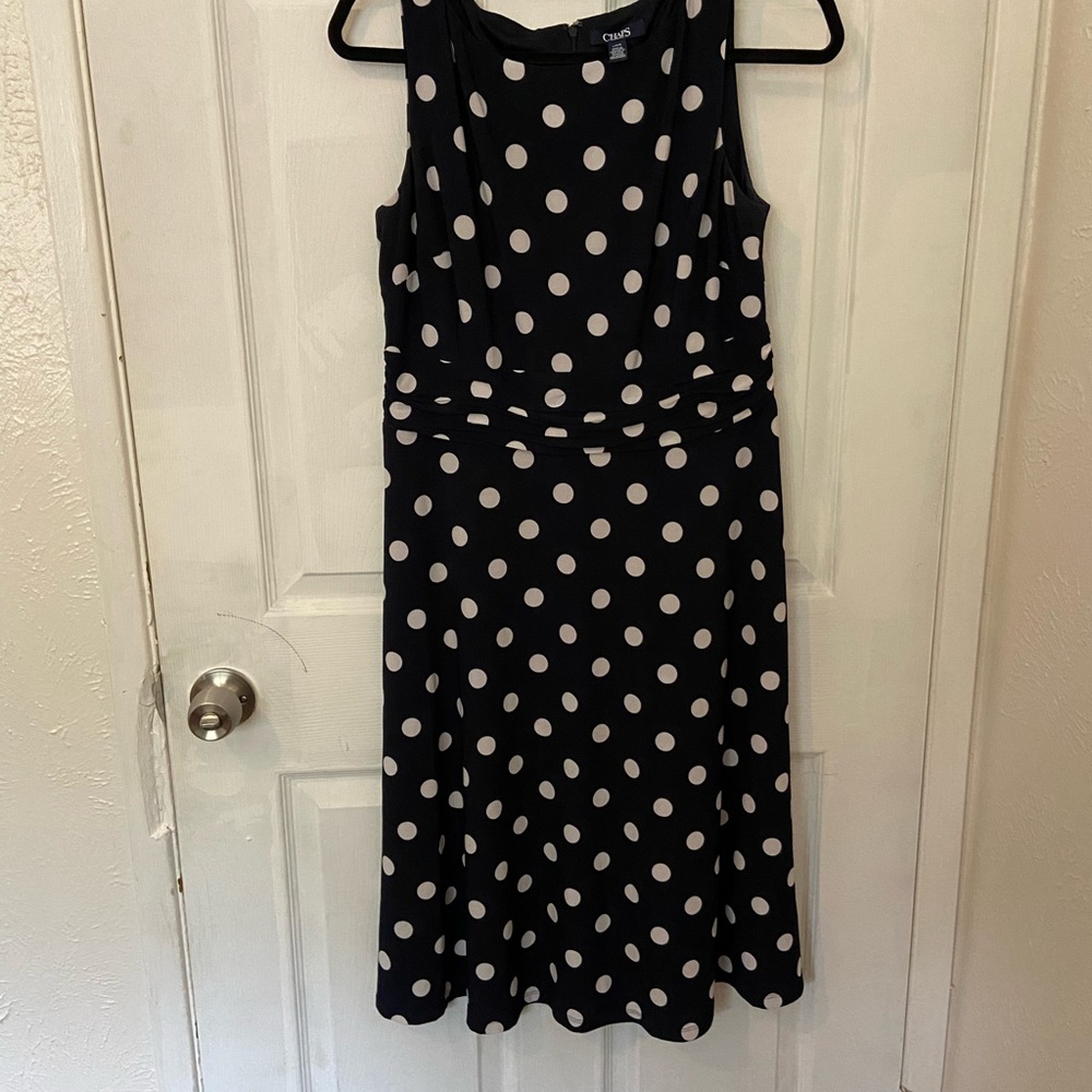 Chaps Sleeveless Navy Dress with White Polka-Dots.  Size Large